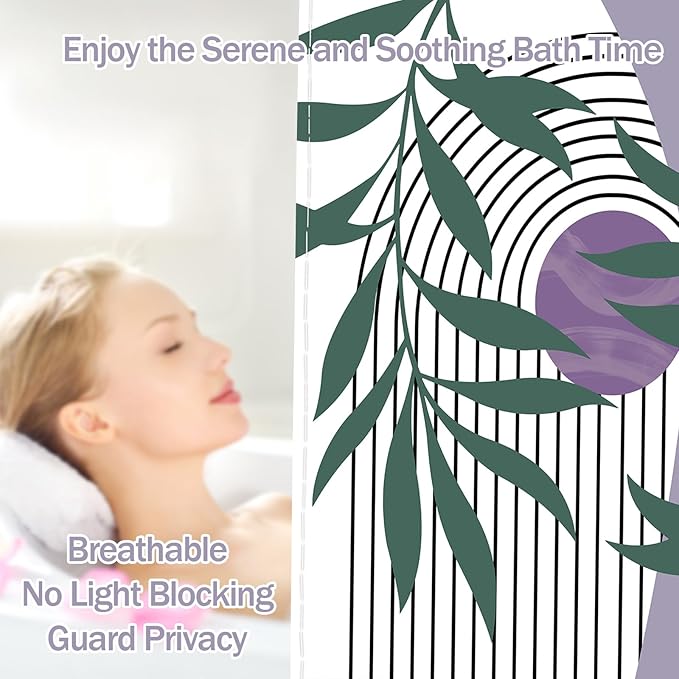 Boho Purple Shower Curtain Light Purple and Green Mid Century Modern Shower Curtains for Bathroom Decor Sets, Waterproof Fabric with Hooks, 70" W x 72" L