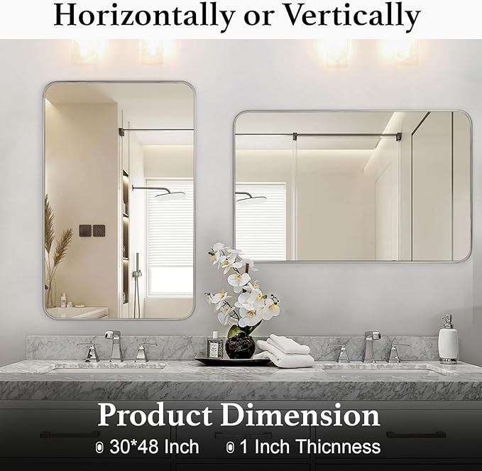 Bathroom Mirror Brushed Nickel, 30 x 48 Inch Metal Frame Rectangle Mirror Rounded Silver Modern Vanity Mirror Anti-Rust for Bathroom, Farmhouse Wall Mounted Vertically/Horizontally