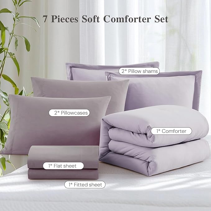 WRENSONGE Full Size Comforter Set- 7 Pieces Lilac Bed in a Bag Full Size Comforter with Fitted Sheet, Flat Sheet, 2 Pillow Shams, 2 Pillowcases, Warm Bedding Sets for All Season