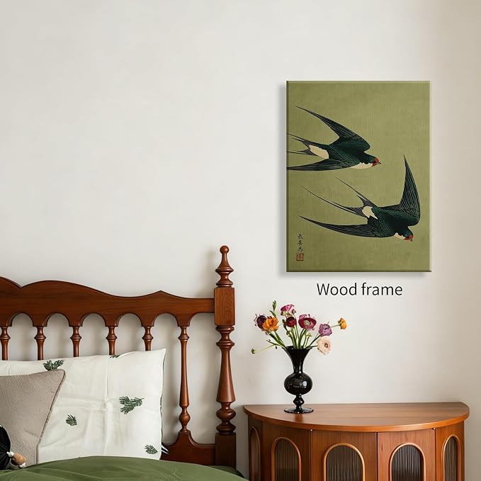 Wrapped Framed Japanese Flying Swallow Wall Art Asian Japandi Bird Animal Poster Nature Vintage Green Canvas Prints for Living Room Bedroom Home Decor 08x10 inch