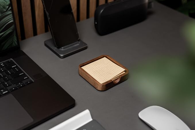 MUUJEE Wooden Office Desk Note Holder Organizer - 3.75 x 3.75 for Work Teacher Dad Wood Tray Post It Sticky Notes Work Minimalist Rustic