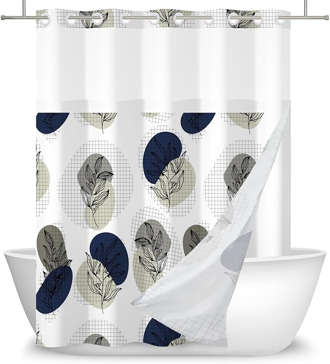 No Hook Shower Curtain with Snap in Liner Boho Shower Curtain for Bathroom Waterproof Fabric Creative Gray and Blue Plant Botanical Bath Decor Machine Washable 71x74 Inch