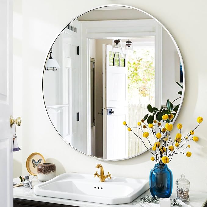 VooBang White Round Bathroom Mirror, 20 inch Circle Mirror,with Simple Metal Frame, Modern Round Hanging for Bathroom, Hallway, Livng Room (White Frame)
