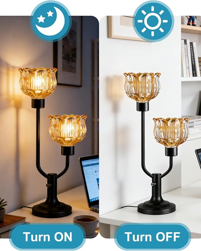 Lightdot Mid Century Modern Table Lamp for Living Room Dimmable Black Flower Desk Lamp Amber Glass Vintage Nightstand Lamp 2 Bulbs Included Warmwhite Ambient Bedside Lamp for Bedroom Home Office Decor