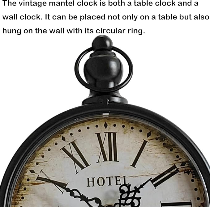 HZDHCLH Vintage Table Clock Battery Operated,Retro Mantel Clock for Living Room Fireplace Decor,Silent Metal Desk Clock(Black)