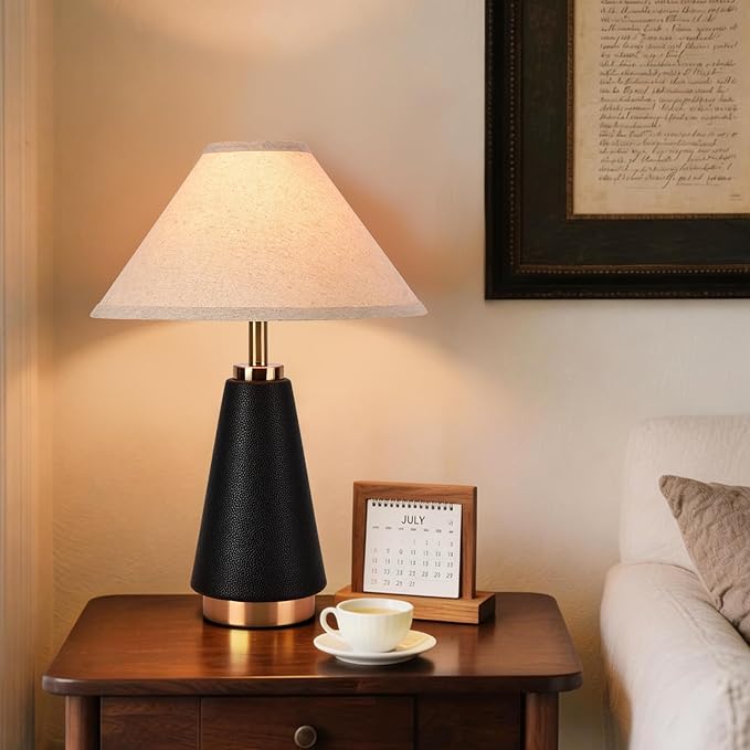18.11 Inch Black Modern Table Lamp Set of 2, Beige Fabric Shade with PU Leather Base, Home Decor Lamp for Kitchen Counter, Bedroom, Nightstand, Desk Lighting, Bookshelf, Living Room, Kids Dorm