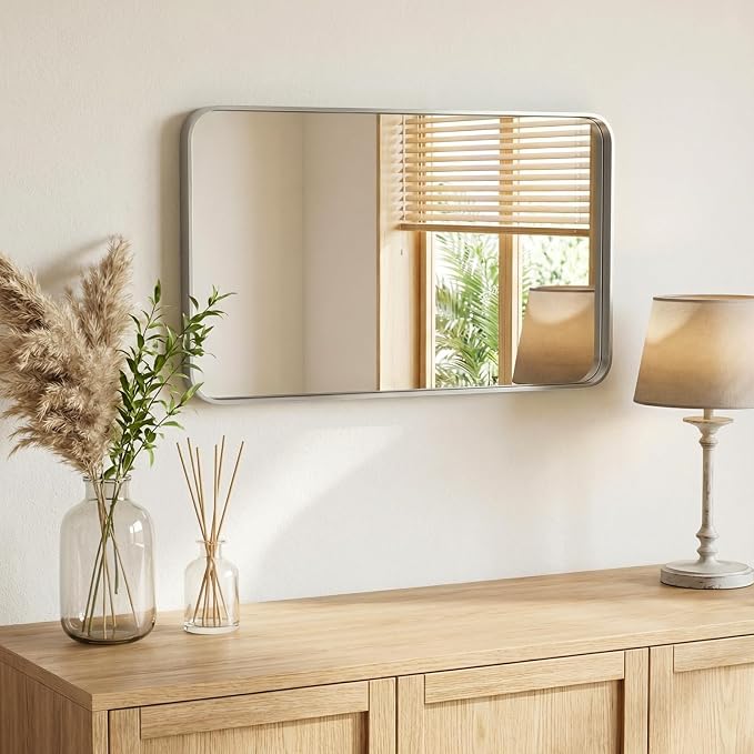NEWBULIG 24X36 Inch Bathroom Mirror for Over Sink, Wall Vanity Mirrors Tempered Glass, Anti-Rust Metal Framed Rounded Rectangle, Hangs Horizontally or Vertically, Farmhouse Home Decor, Silvery