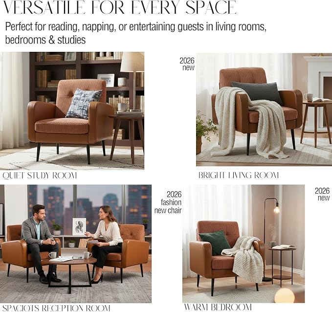 Comfy Accent Chair for Living Room Chairs Mid Century Modern Reading Chair Accent Chairs Set of 2 with Metal Legs,Upholstered Arm Chair for Bedroom Office Waiting Room (Brown & Ochre,2)