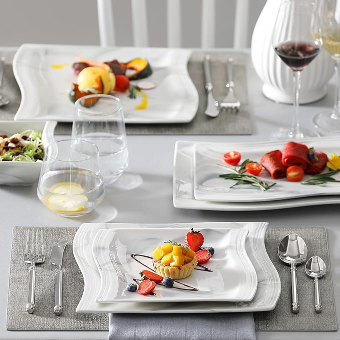 MALACASA Square Dinnerware Sets, 26-Piece Marble Grey Plates and Bowls Sets, Porcelain Dinner Set Microwave Safe, Kitchen Dinnerware Plates Set, Dishes and Bowls, Service for 6, Series Flora