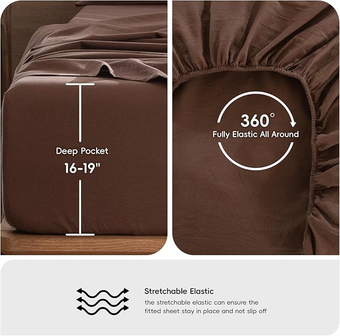 MooMee Bedding Sheet Set 100% Cotton Linen Like Textured Breathable Durable Soft Comfy (Solid Cocoa Brown, Queen)