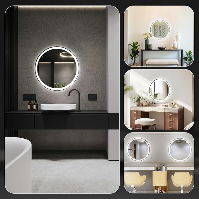 NEWBULIG 28 Inch Round LED Bathroom Wall Mirror with Lights, Light up Vanity Bathroom Mirror for Over Sink, Anti-Fog and Dimmable, Front Light and Backlit, Memory Function, Shatter-Proof, White