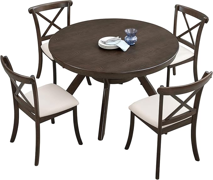 JUSTONE 47.2''Round Dining Table for 4,Modern Kitchen Table Wooden Trestle Pedestal Base,Minimalist Elegant Dining Table for Living Room, Dining Room,Small Space(φ47.2"x29.9"H,Brown)