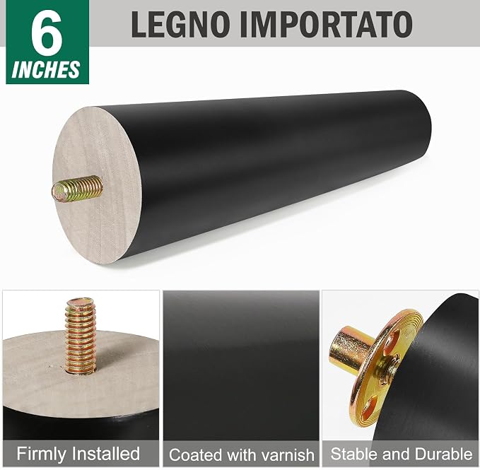 FoDau770 Black Rubber Wood Furniture Legs 6 Inches, 5/16" UNC Straight Tapered Wood Feet Mid Century Sofa Legs, Wooden Furniture Feet Replacement Parts for Cabinet Couch Dresser Chair Ottoman Table
