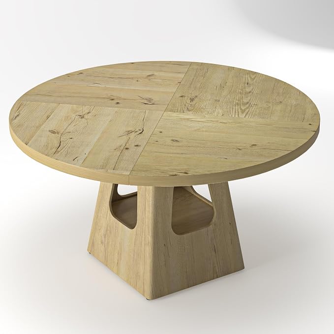 KEIKI 47" Round Dining Table for 4-6, Mid Century Modern Kitchen Table with Storage Base, Wooden Corner Dinner Desk for Living Room Breakfast Nook Restaurant, Easy Assembly, Natural