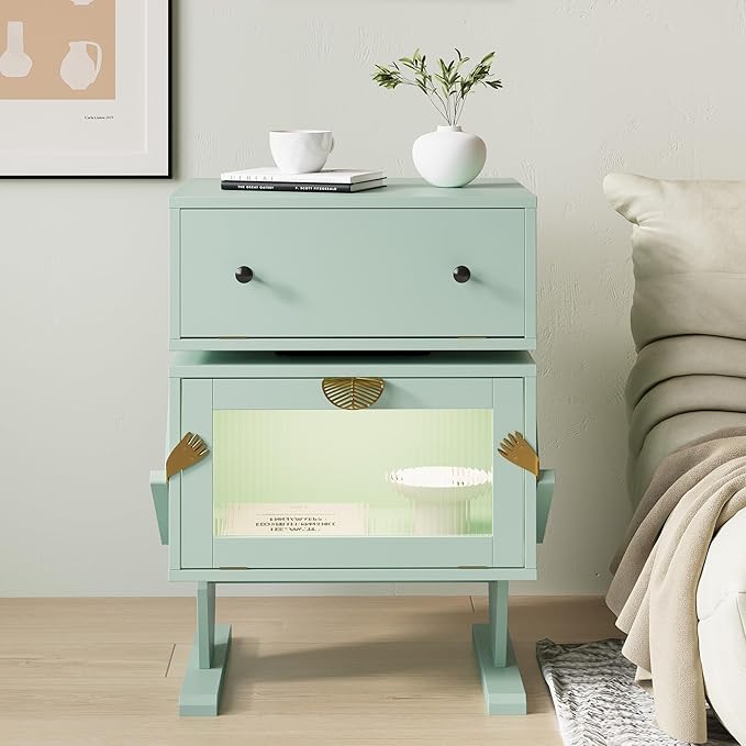 RoyalCraft Large Nightstand with LED Lights, Green End Table with 360°Rotating Drawer, Modern Bedside Table with Storage, Wood Night Stand for Bedroom, Home Office, Green