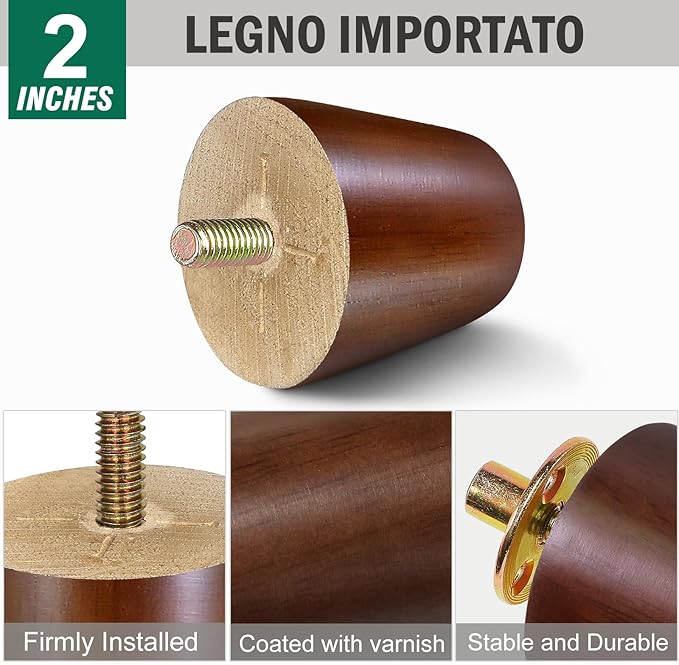 FoDau770 Brown Rubber Wood Furniture Legs 2 Inches, Straight Tapered Wood Feet Mid Century Sofa Legs Set of 4, 5/16" UNC Furniture Feet for Cabinet Couch Dresser Chair Ottoman Table
