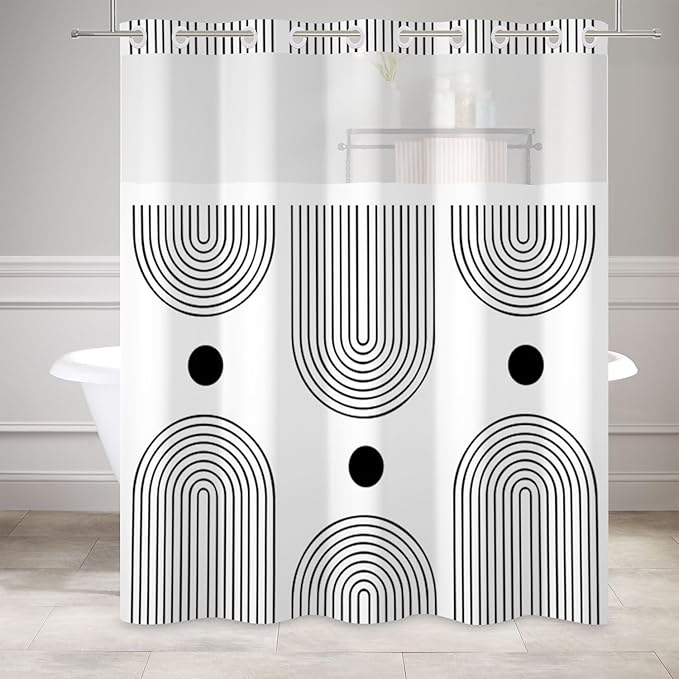 No Hook Shower Curtain with Snap in Liner Set Boho Shower Curtain Mid Century Modern Black and White Abstract Arch Fabric for Bathroom 71x74 Inch