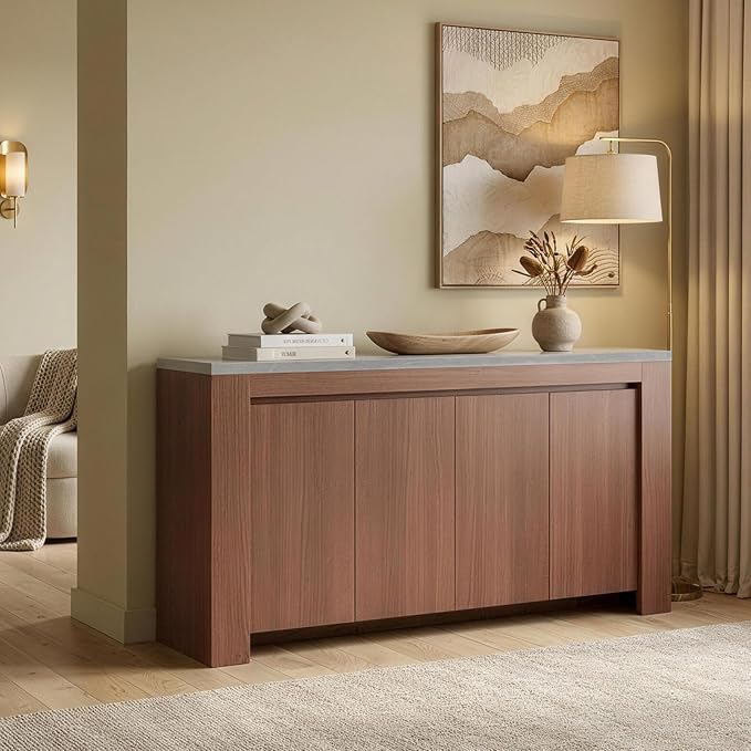 Buffet Cabinet with Storage, 63" Sideboard Buffet Accent Cabinet with Faux Marble Top & 4 Doors, Modern Buffet Table Credenza Cabinets for Living Room, Dining Room, Kitchen(Walnut)
