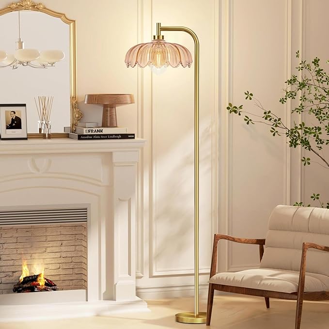 Gold Floor Lamp for Living Room,Bedroom,Mid Century Modern Standing Lamp with Remote,Dimmable Brass Tall Lamp Glass Lamp Vintage Retro Arc Floor Lamps Flower Floor Light Boho Bohemian