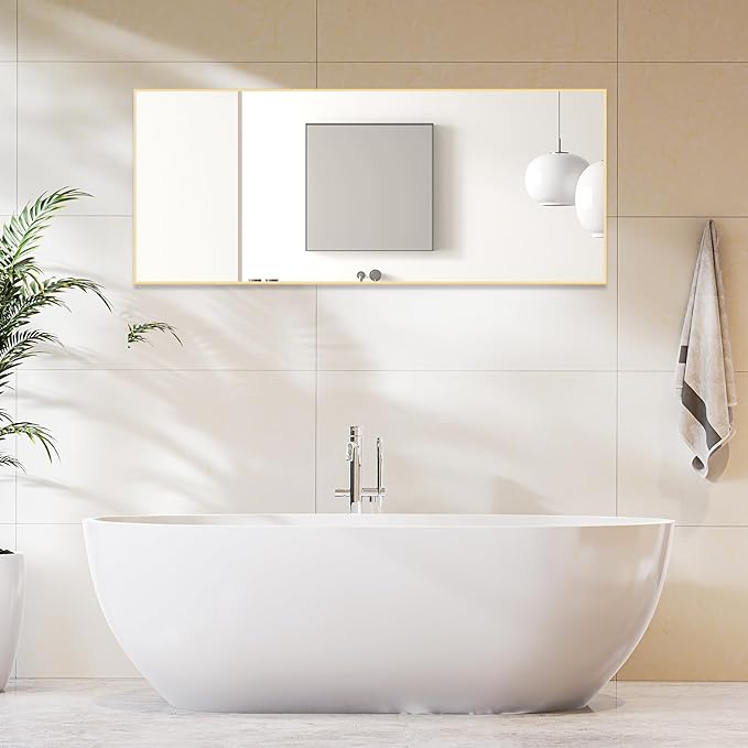 OLIXIS 64"x 21.5" Mirror Full Length, Full Body Mirror with Stand, Hanging or Leaning for Wall, Floor Standing with Shatter-Proof Glass for Bedroom, Living Room, Long, Gold