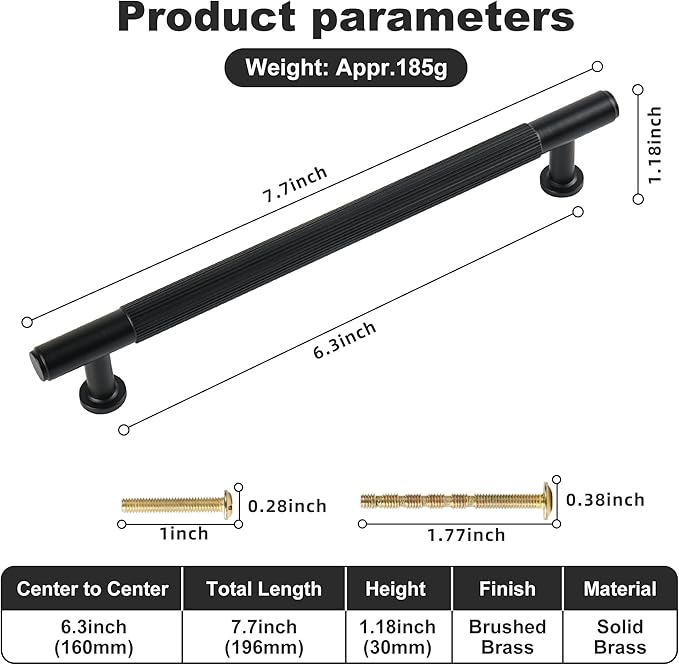 Matt Black Kitchen Cabinet Pulls, 5 Pack 6-3/10 Inch Solid Brass Drawer Dresser Handles, Modern Furniture Door Pulls for Bathroom Cabinet Cupboard Wardrobe Closet Hardware
