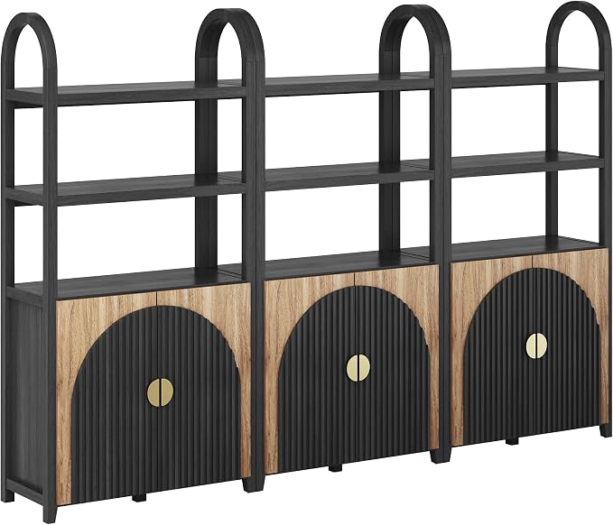 BELLEZE Book Shelf 72" Tall Arched Bookcase with Storage, 5 Tier Mid Century Modern Fluted Bookshelf with Doors, Modular Bookshelves for Living Room Office Library, Set of 3 (Camel)