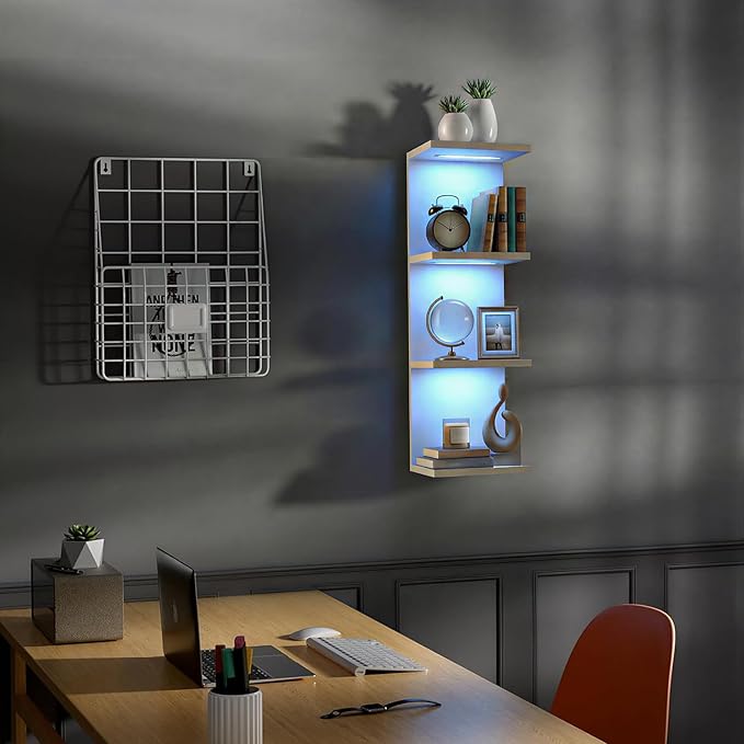 4-Tier Wall Shelf Unit with RGB Lights, Floating Lack Shelf for Home Decor, Wall Mounted Vertical Display Shelf for Bedroom Living Room Vanity, White