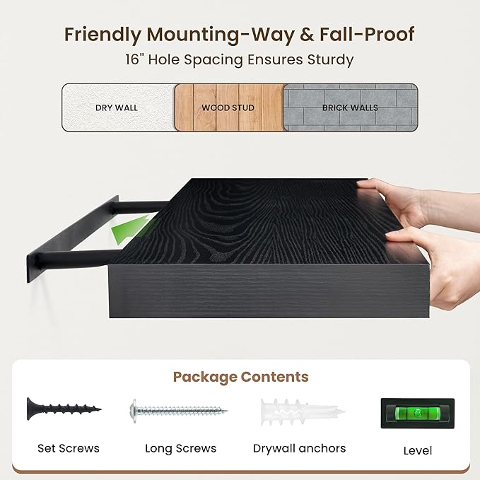 Deep Floating Shelves | 40 Inch Black Floating Shelves Set of 2 | 12 Inch Deep Wood Wall Shelves | 40" W x 12" D Black Shelves for Bathroom Living Room Kitchen Laundry Room