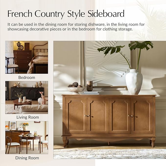 HULALA HOME Sideboard Buffet Cabinet with Storage, 58" Kitchen farmhouse Wood Credenza Storage Cabinet with 4 Doors and 2 Shelves, Accent Console Table with Solid Wood Legs & Adjustable Shelves, Acorn