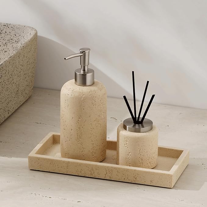 Hand Soap Dispenser Refillable Stone Soap Dispenser Beige Travertine Liquid Shampoo Bottles Marble Hand Soap Dispenser for Bathroom Kitchen Spring Decor