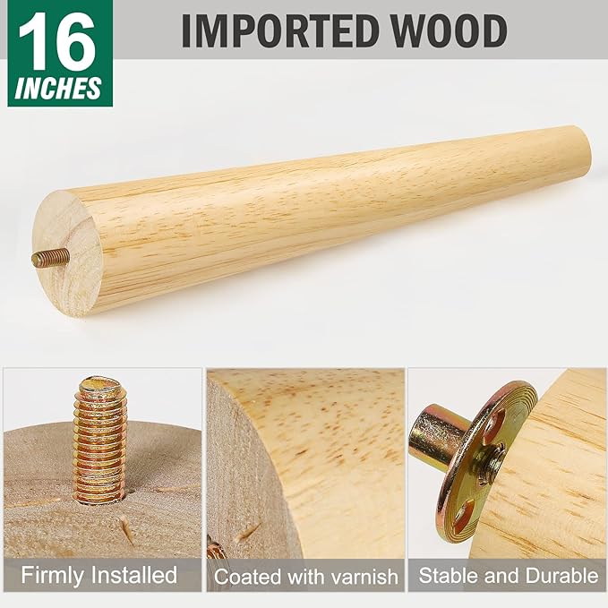 FoDau770 Rubber Wood Furniture Legs 16 Inches, Straight Tapered Wood Feet Mid Century Sofa Legs Set of 4, 5/16" UNC Furniture Feet Replacement Parts for Cabinet Couch Dresser Chair Ottoman Table