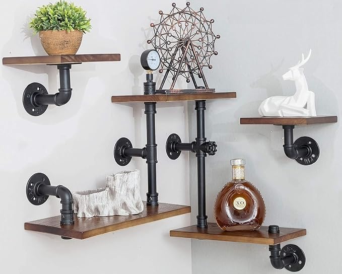 Industrial Rustic Modern Wood Ladder Pipe Wall Mounted Floating Shelves - Set of 3 Bookshelf,DIY Storage Shelving,Hung Bracket,Bookcase (Set of 3 Ladder Shelves)