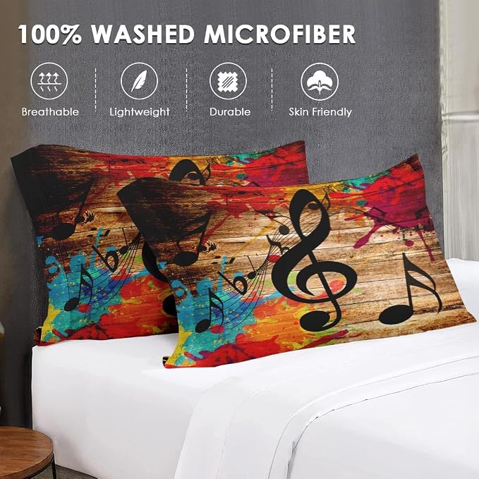 WeCozy 7 Pcs Full Size Comforter Set with 2 Pillowcases & 2 Shams, Musical Music Disco Bedding for Kids and Adults, Black Retro Wood Grain Bedding Set with Flat Fitted Sheet