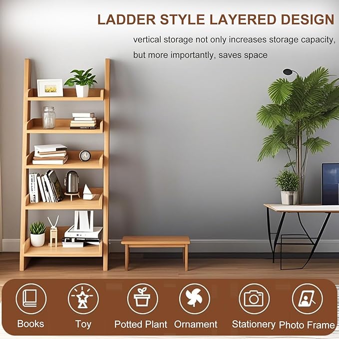 Ladder Shelf Bookcase, 5 Tier Wooden Ladder Bookshelf Space-Saving, Freestanding Storage Rack Organizer for Living Room, Home Office and Bedroom, Wood Color
