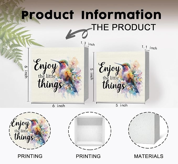 Hummingbird Decor - Hummingbird Gifts For Women, Inspirational Wooden Box Signs, Enjoy The Little Things Motivational Wood Decoration Home Decor For Desk Table Shelf 6x6 Inch Decorative Signs & Plaques
