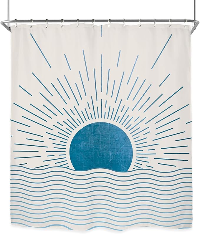 Miyotaa Blue Sun Minimalist Shower Curtain Set 60Wx71H Inches Mid Century Sunrise Sunset Vintage Aesthetic Retro Polyester Waterproof Cloth Bathroom Curtain with 12 Hooks
