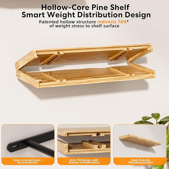 Floating Shelves for Wall Rustic Farmhouse 36 Inch Floating Shelf Bathroom Wooden Shelves for Wall Mounted Live Edge Pine Shelf with Unique Natural Grain for Living Room Bedroom Kitchen (Natural)