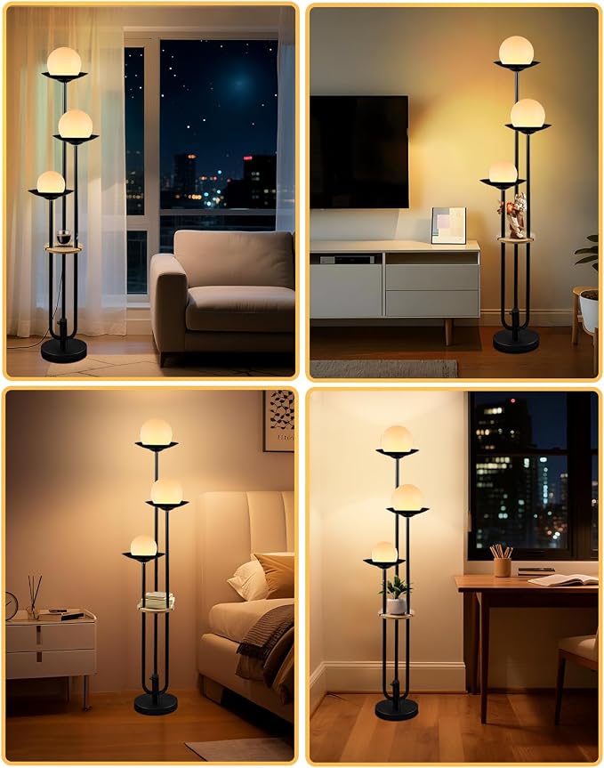 Lightdot Globe Floor Lamp with Shelf 3-Lights Modern Dimmable Floor Lamps 3000K Warm White Bulbs Included Black Tall Standing Lamp with 5Lbs Heavy Base for Living Room/Bedroom/Sofa Beside/Corner Decor