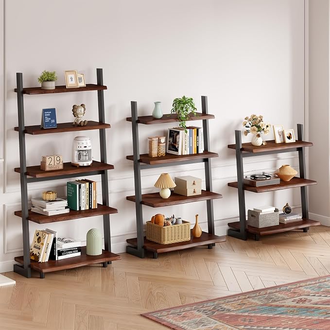 IBF 5-Tier Solid Wood Ladder Bookshelf with Natural Live Edge, Rustic Walnut Storage & Display Leaning Bookcase, Modern Space-Saving Shelf for Living Room, Bedroom, Home Office