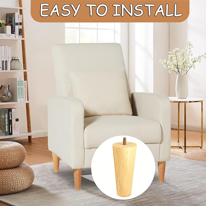 6 Inches Round Solid Wood Furniture Legs Set of 4, Natural Wooden Replacement Feet with Threaded 5/16'' Hanger Bolts for Sofa, Couch, Armchair, Cabinet, TV Stand, Ottoman and Dresser