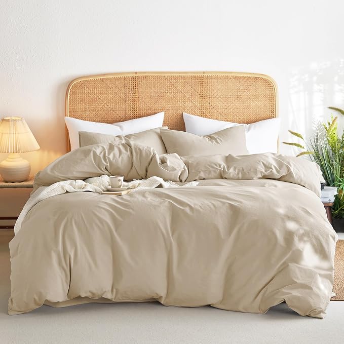 Wake In Cloud - Cotton Duvet Cover Set, 100% Washed Cotton, Linen Like Textured, Breathable Durable Comfy Farmhouse Neutral Bedding Set, 3 Pieces, Khaki Linen, Twin/Twin XL Size