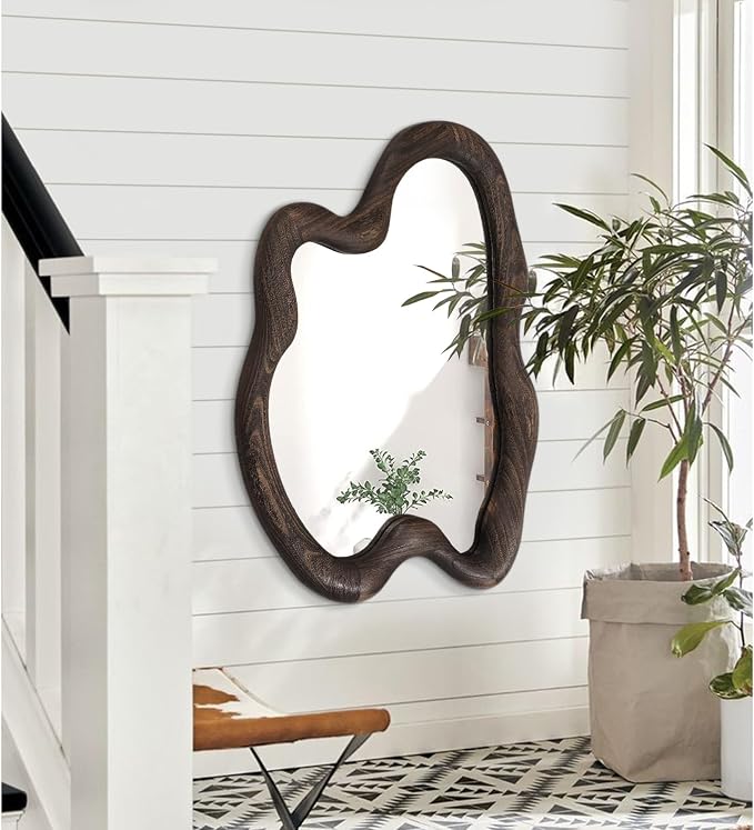 AAZZKANG Large Wall Mirror with Wooden Frame,Vintage Irregular Wall Mirror 32"x24" Asymmetrical Hanging Mirror for Bathroom Bedroom Living Room Entryway