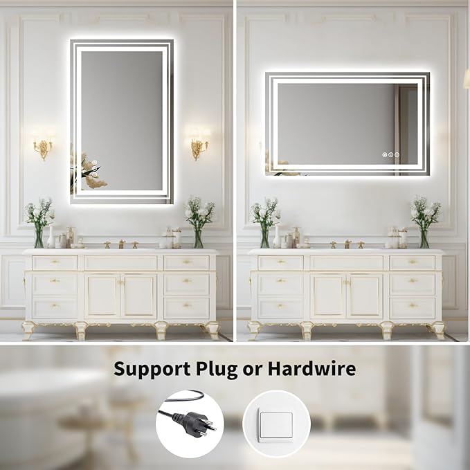 WTTY 60"x30" LED Bathroom Mirror with Lights, Backlit and Front Lighted Bathroom Vanity Mirrors Wall Mounted, Double LED Vanity Wall Mirror for Bathroom with Anti-Fog, Dimmable, Memory, Shatter-Proof
