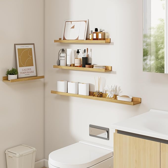 Picture Ledge Shelf, Floating Shelves Set of 6, 24 inch Long Picture Shelf for Wall with Lip, Wall Mounted Shelves for Bedroom, Living Room, Bathroom, Kitchen,Oak
