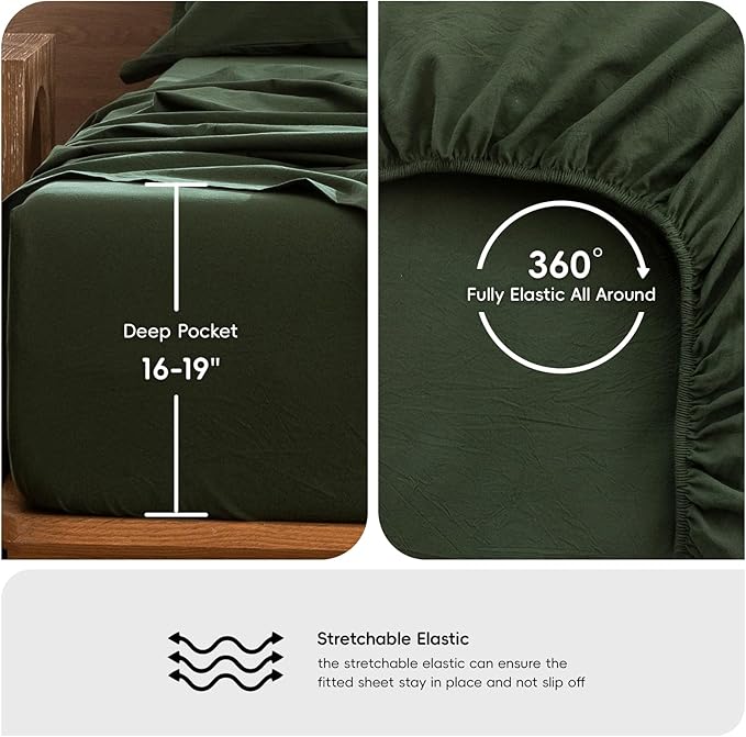 MooMee Bedding Sheet Set 100% Washed Cotton Linen Like Textured Breathable Durable Soft Comfy (Solid Forest Green, King)