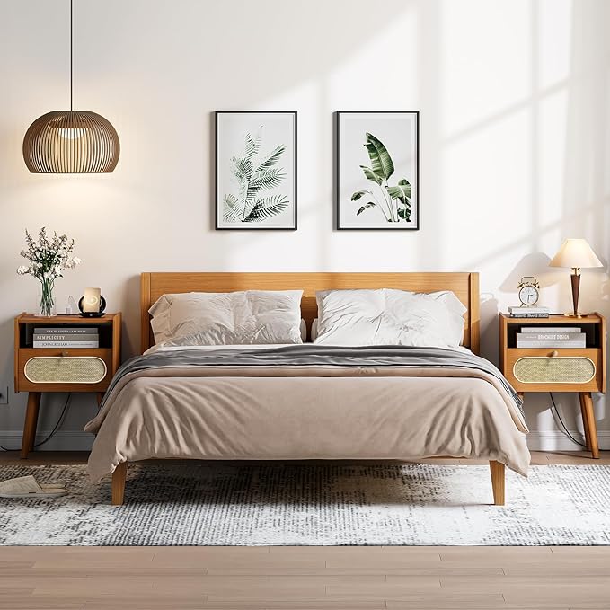 Night Stand Set 2, Rattan Nightstands Set of 2 with Charging Station, Mid Century Modern Bedside Table with Drawer, Boho End Table with Solid Wood Legs, Side Tables for Bedroom, Small Space, Cherry