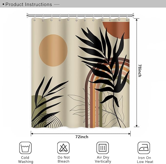 Abstract Mid Century Bohemian Bathroom Shower Curtain with Eucalyptus Leaves Pattern, Colorful Arch Sun Design, Waterproof Polyester Fabric, 72x78 Inch
