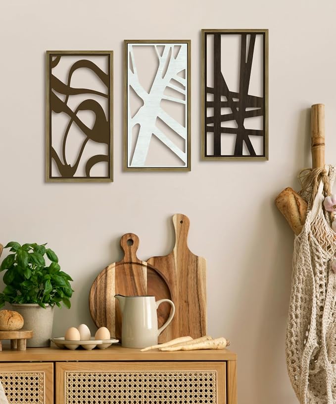 Putuo Decor 3PC Geometric Abstract Art Wall Decor Set, Modern Minimalist Line Cut Wall Art for Living Room, Brown and White Wooden Frame Abstract Wall Decor for Bedroom and Home Decoration