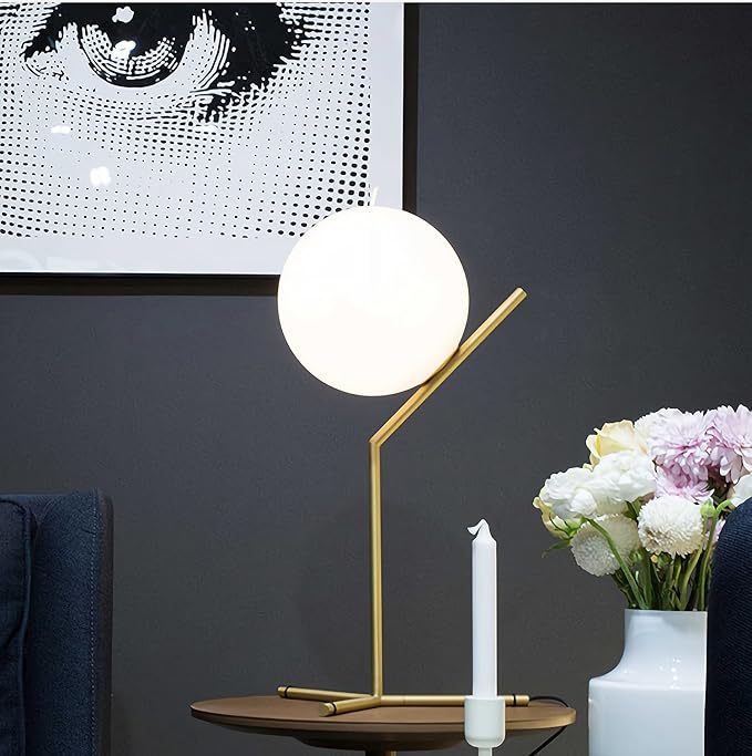 Glass Table Lamp, Minimalist Nightstand Lamps, Metal Standing Reading Light with Glass Ball Shade, Gold Desk Lamp for Bedroom, Office, Study Room, Kids Room (Gold-A-Style)