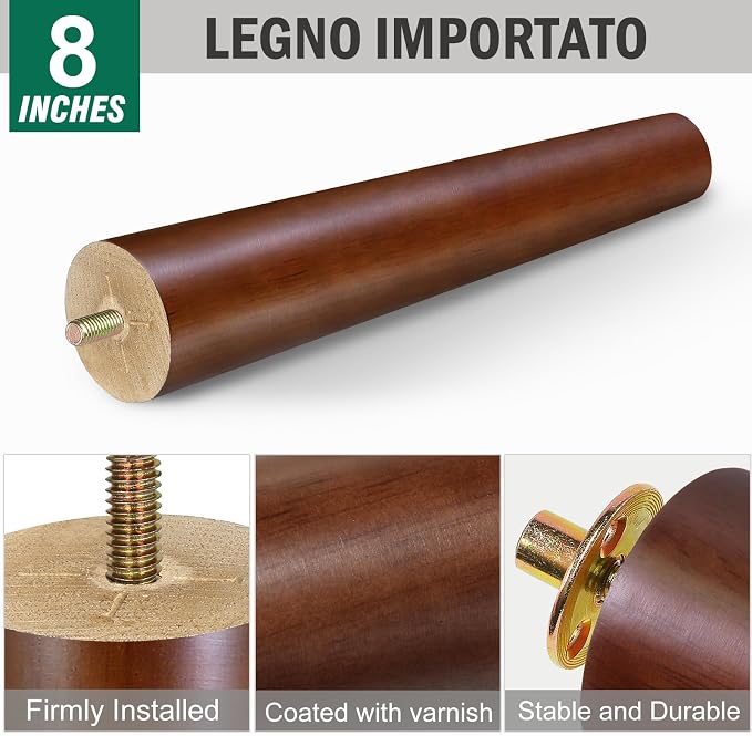 FoDau770 Brown Rubber Wood Furniture Legs 8 Inches, 5/16" UNC Straight Tapered Wood Feet Mid Century Sofa Legs, Wooden Furniture Feet Replacement Parts for Cabinet Couch Dresser Chair Ottoman Table